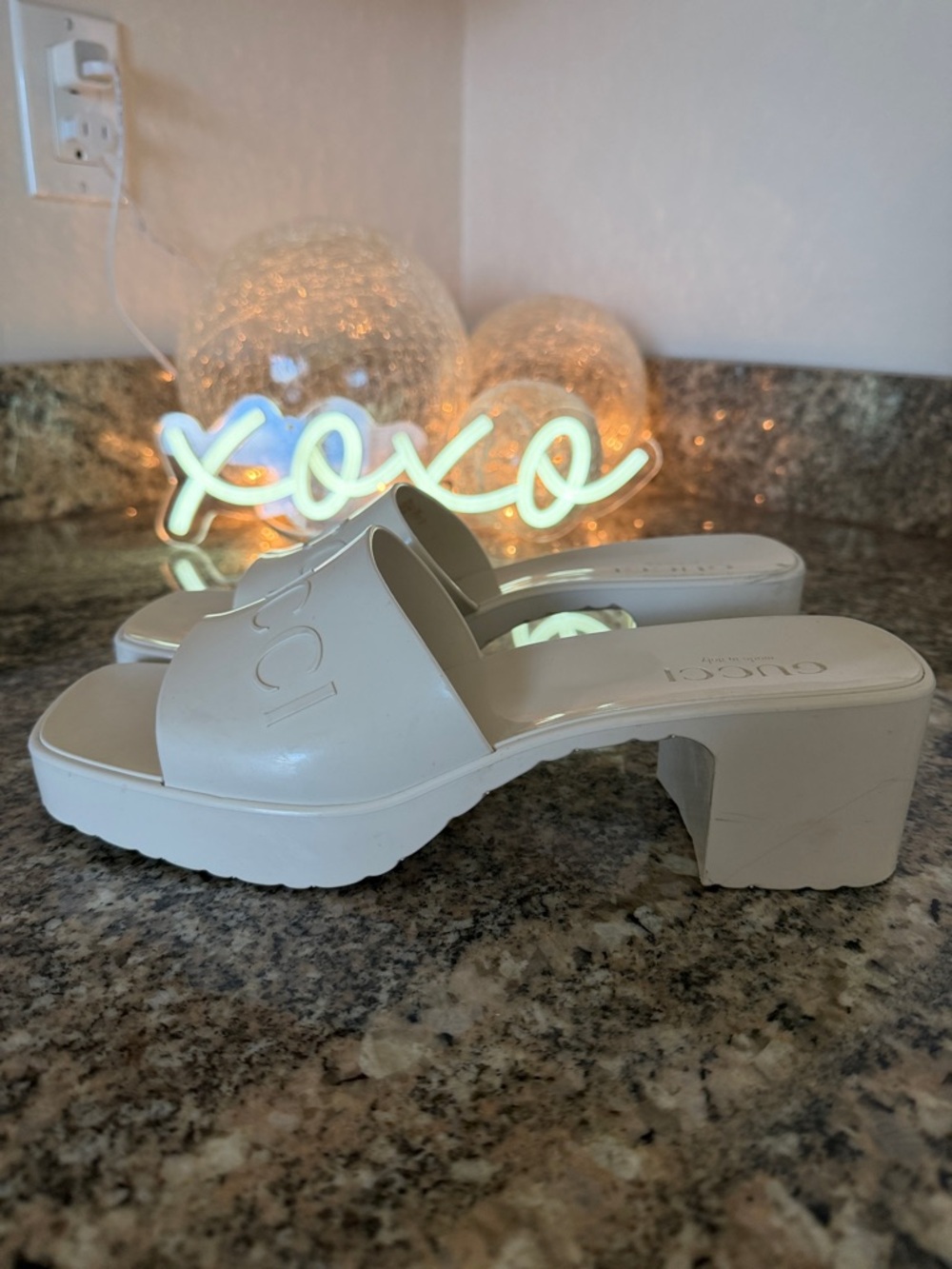 Gucci Women's Ivory Embossed Logo Slide Sandals - Picture 11 of 15